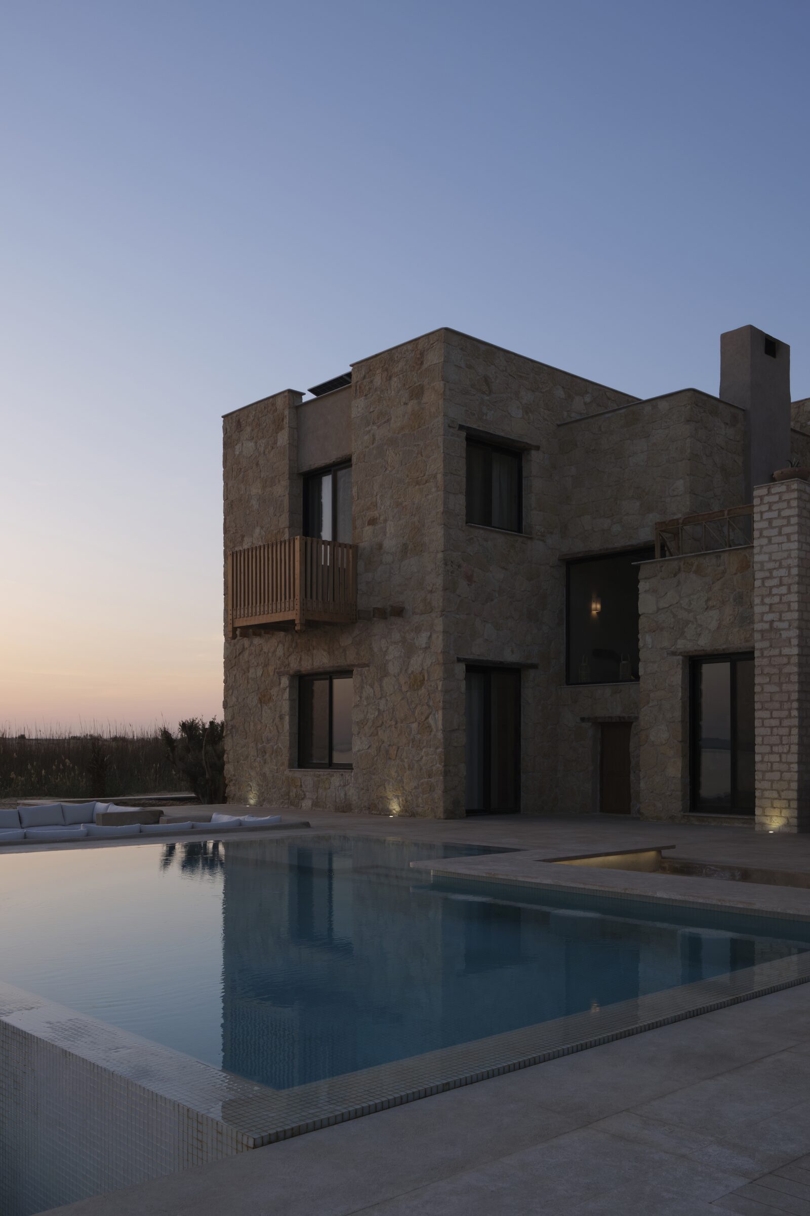 South elevation at dusk